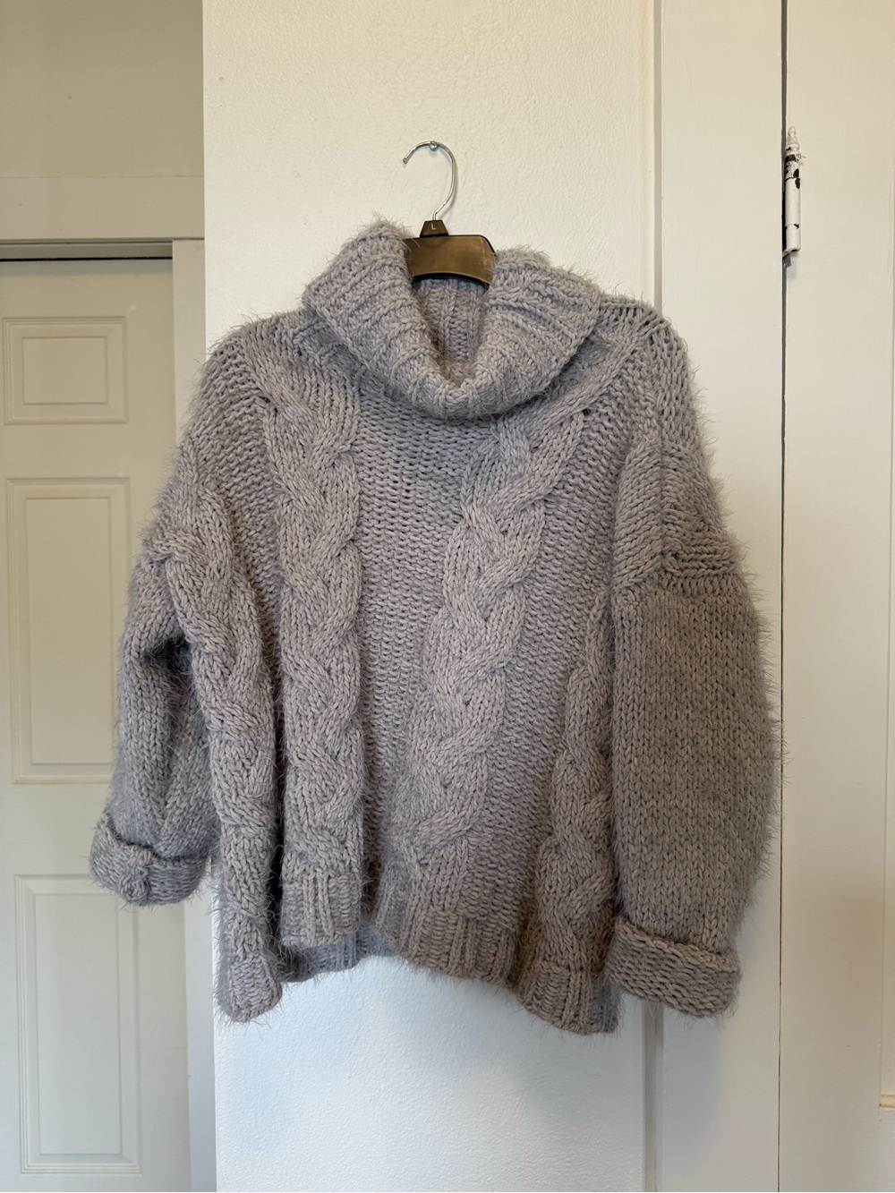 ANTONIO MELANI Light Gray Cable Knit Cowl Neck Sweater